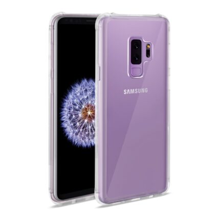 Purple clear phone case on a smartphone with floral wallpaper.
