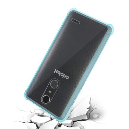 A sleek black smartphone with a glowing blue outline on a cracked surface.