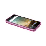 Smartphone with a pink protective case on a white background.