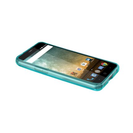 Smartphone with a teal protective case lying flat.