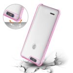 A pink and white phone case with a phone inside, shown with a cracked floor effect.