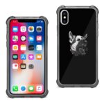 iPhone with a black protective case featuring a French Bulldog design on the back.