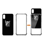 Black phone case with a white floral design and detachable clear frame.