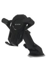 Black car phone holder with suction base.