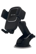 Black car phone holder with adjustable arm.
