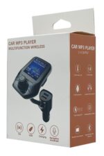 Car MP3 player packaging with features displayed.