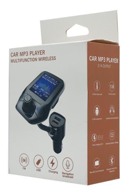 Car MP3 player packaging with features displayed.