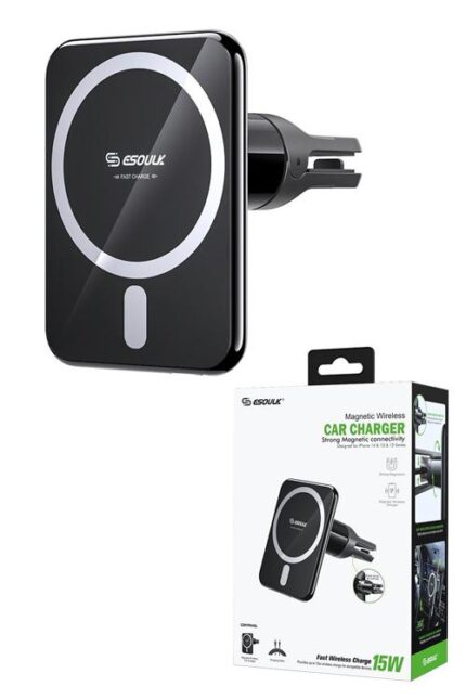 Magnetic wireless car charger with packaging.