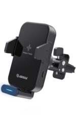 Car mount wireless phone charger, black design.