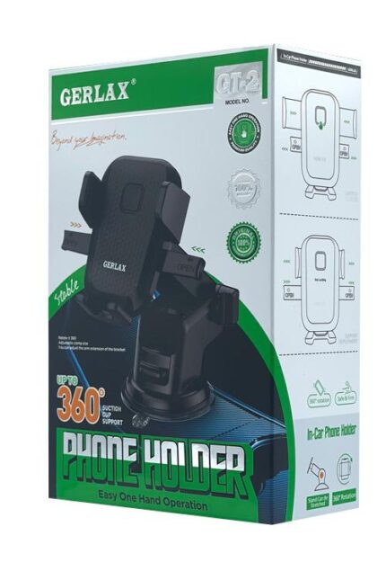 Phone holder packaging with product features illustrated.