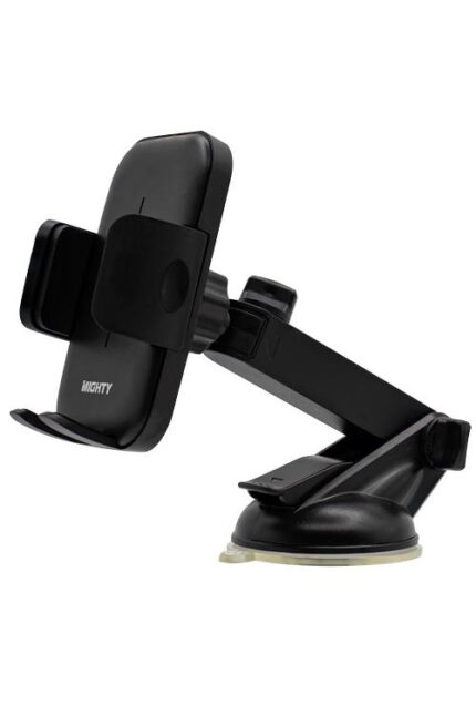 Black car phone mount with suction cup.