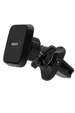 Black car phone holder with clip attachment.