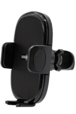 Black smartphone holder for car dashboard.
