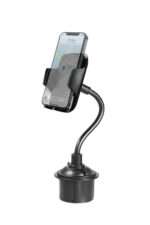 Phone mounted on flexible car holder.