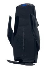 Black wireless phone charger with automatic arms.