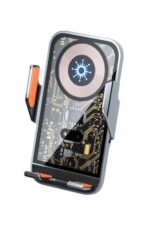 Futuristic phone holder with circuit design.