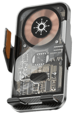 Transparent phone mount with visible circuitry design.