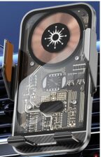Futuristic phone mount with circuit board design.