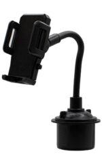 Cup holder phone mount with adjustable arm.