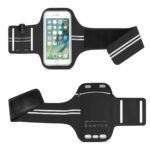 Black adjustable sports armband for holding a smartphone during exercise.
