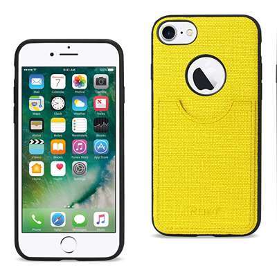 Front and back view of an iPhone with a yellow case.