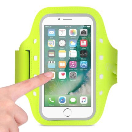 Hand interacting with a smartphone in a neon green armband case.