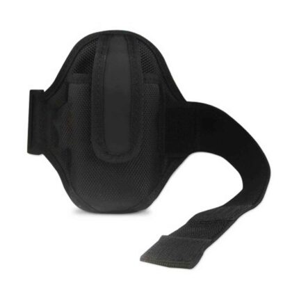 Black sports armband with adjustable strap.
