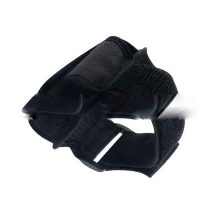 Black knee brace with adjustable straps for support.
