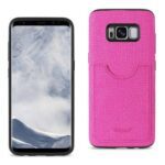 Smartphone with a black front and pink textured back cover.