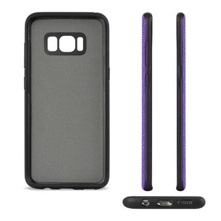 Black and purple smartphone case shown from three angles.