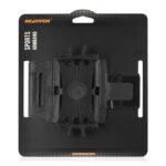 Black adjustable sports armband with phone holder on packaging.