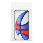 Colorful abstract design on a phone case in packaging.