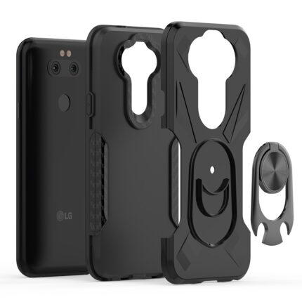 Black rugged phone case with a detachable ring holder and kickstand.