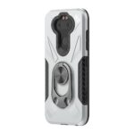 Sleek silver phone case with ring holder and dual camera cutouts.