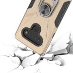 Smartphone with rugged case hitting cracked surface.