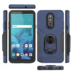 Blue rugged phone case with ring holder and holster for a smartphone.