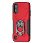 Red and black phone case with a ring holder and textured grip sides.