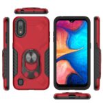 Red and black rugged phone case with ring holder and kickstand.