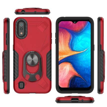 Red and black rugged phone case with ring holder and kickstand.