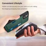 Hand holding a green wallet near a card reader for contactless payment.