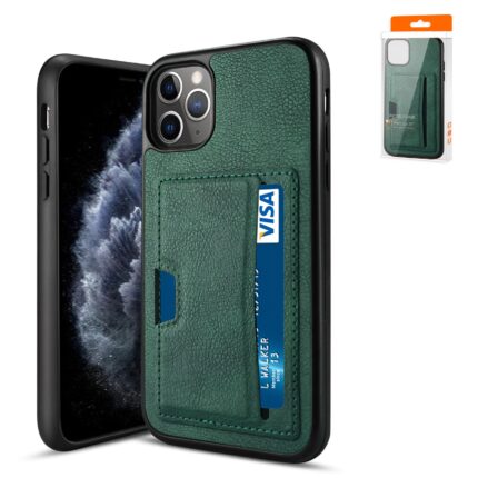 Green phone case with card holder for iPhone.