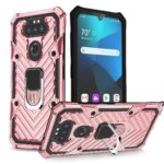 Rugged pink phone case with textured grip and kickstand for a smartphone.