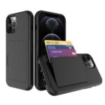 Black phone case with card holder for iPhone.