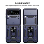 Rugged smartphone with sliding camera module for 360-degree protection.