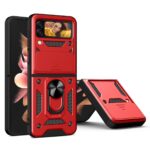 Red protective phone case with black accents and kickstand features.