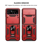 Rugged red phone case with sliding camera cover for full protection.