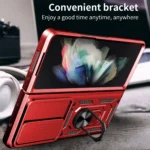 Red phone bracket holding a smartphone on a table.