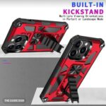 Rugged red and black phone case with built-in kickstand and protective design.
