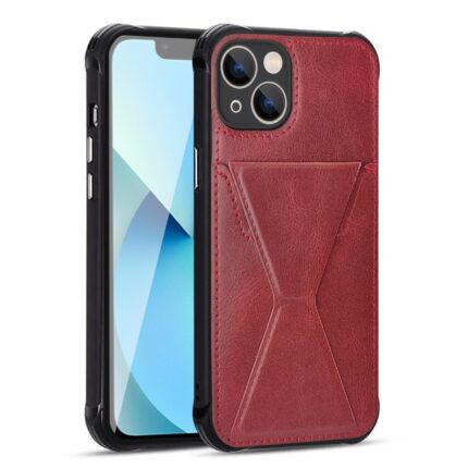 Smartphone with a stylish red leather case featuring a geometric design.