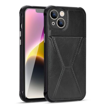 Black leather phone case with card holder on a smartphone.